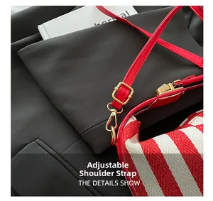 Detailed view of striped woven bag featuring adjustable red leather strap and gold buckles