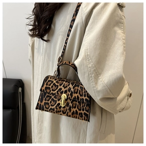 Detailed view of leopard print crossbody bag with gold metallic clasp worn with a beige coat