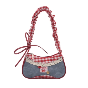 Contrast denim and red checkered patchwork shoulder bag with sweet cherry embroidery