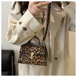 Fashionable leopard print crossbody bag with gold buckle shown on a trench coat model