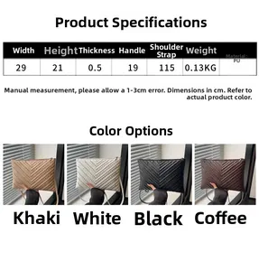 Detailed chart showing dimensions and four colors of the V-quilted faux leather envelope bag