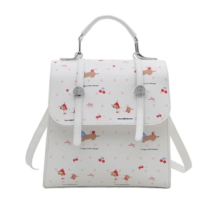 Petit sac à main carré blanc élégant avec imprimés de chiens de dessin animé et cerises