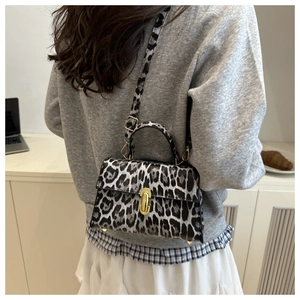 Detail of leopard print handbag with gold clasp and adjustable crossbody strap