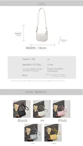 Detailed size specifications and material chart for this mini PU crossbody square bag