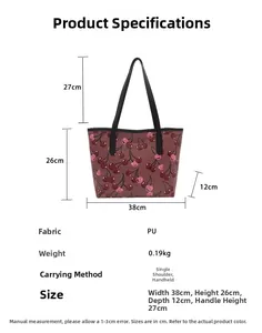 Detailed size specifications for the cherry print PU leather tote bag in maroon red