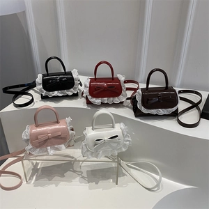 Mini Crossbody Handbag PU Leather Lace Trim Bowknot Decor Elegant Sweet Style Shoulder Bag For Women Daily Match