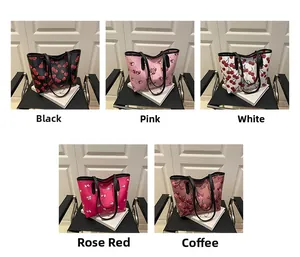 Collection of cherry print tote bags in black pink white rose red and coffee colors