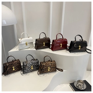 Various stylish leopard print and solid color square bags with metal lock on display