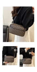 Three-angle views showing the vintage brown monogram pattern and strap on a small crossbody bag