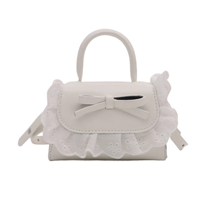Mini white leather handbag with lace trim and bow detail for women, elegant sweet style