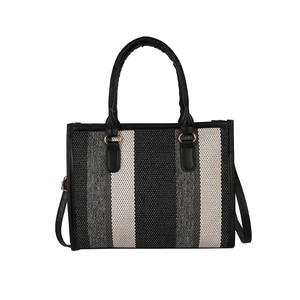 Large capacity striped woven tote bag with black leather trim and top handles