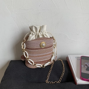 Woven Bucket Bag Straw PU Striped Drawstring Faux Artificial Pearl Metal Acrylic Chain Shoulder Crossbody Vacation Beach Women
