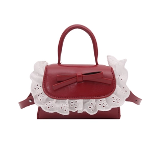Mini borsa a mano rossa con fiocco e bordo in pizzo bianco, borsa a tracolla alla moda