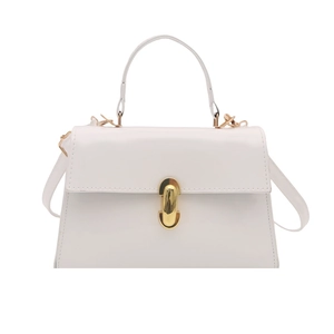 Minimalist white patent leather small square bag with gold U-shaped lock and handle