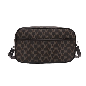 Brown monogram crossbody bag with adjustable shoulder strap and rectangular front pocket
