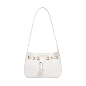 Elegant white faux leather underarm bag with drawstring design and gold eyelets