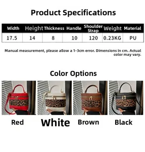 Size specifications and product dimensions for the leopard print PU leather bucket bag