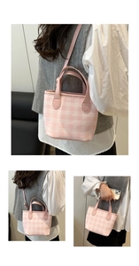 Detailed views of pink checkered tote bag with shoulder strap and rounded handles