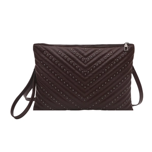 Large dark brown V-quilted envelope shoulder bag with metal studs and zipper closure