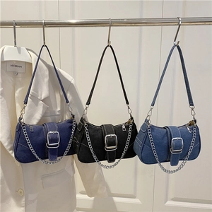 Women Denim Shoulder Bag Underarm Baguette Bag Large Metal Buckle Silver Chain Y2K Street Style Contrast Stitching Chic