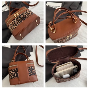 Detailed views of leopard print crossbody bag showing base, top handle, back, and interior