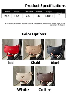Size specifications and multi-color options for bow-knot PU shoulder bags with metal hardware