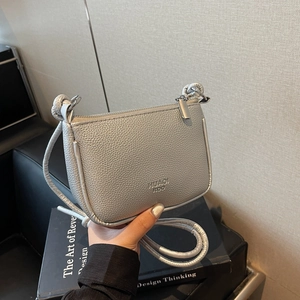 Silver-grey pebble leather mini square crossbody bag with zipper and thin shoulder strap