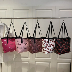 Women Shoulder Tote Bag PU Leather Cherry Print Large Capacity Trendy Casual Handbag Zip Closure
