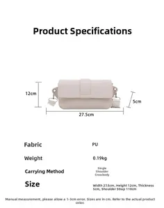 Detailed size chart for minimalist faux leather handbag with 27.5cm width and PU material