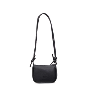 Minimalist black pebble leather crossbody bag with top zipper and slim strap