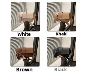 Minimalist square flap bags in white, khaki, brown, and black with wide straps