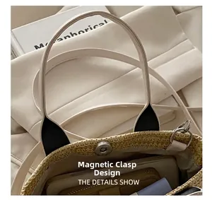 Detail view of woven straw bag featuring a secure magnetic closure and interior lining