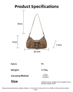 Detailed size chart and technical specifications for large brown PU leather shoulder bag