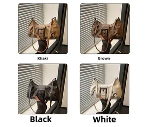 Collage of four vintage faux leather shoulder bags in khaki, brown, black and white colors