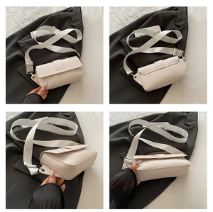 Four-angle view of beige crossbody camera bag with wide strap and silver hardware