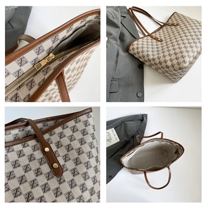 Detailed views of beige canvas tote bag with monogram texture and leather handles