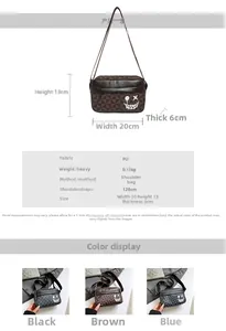 Detailed size specifications and color options for the printed PU leather crossbody bag