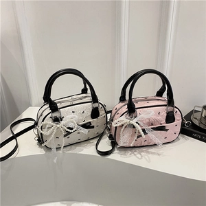 Women Bubble Fabric Crossbody Bag Detachable Strap Artificial Pearl Lace Bow Pendant Sweet Retro Niche Shoulder Handbag