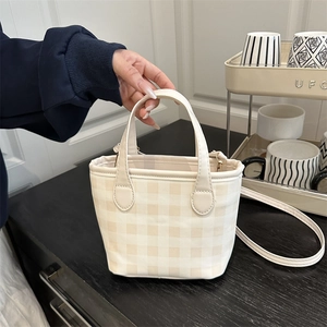 Retro Gingham Mini Tote Bag Grid Pattern Handbag With Top Handle Adjustable Shoulder Strap Korean Style For Women