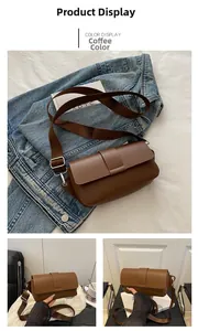 Detail of coffee brown faux leather crossbody bag with adjustable wide fabric strap