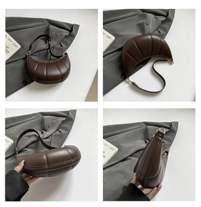 Detailed four-way view of a dark brown quilted crescent bag with a smooth leather texture