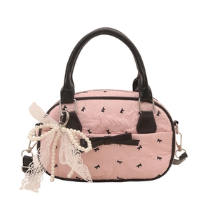 Pink bow Boston bag for women with lace pearl charm and black leather handles