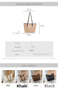 Guía de tallas de bolso tote grande de cuero PU con dimensiones y cuatro colores disponibles