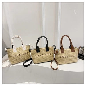 Detailed comparison of woven tote bags in beige, black, and brown with leather straps