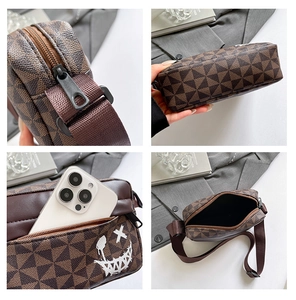 Detail shots of brown plaid crossbody bag showing smooth zippers and phone pocket