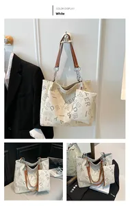 Détail du sac cabas blanc cassé avec imprimé monogramme et accessoires de chaîne