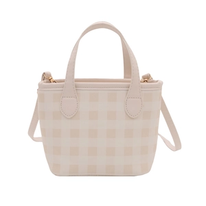 Minimalist beige checkered crossbody bucket bag with gold hardware and top handle