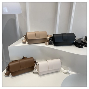 Minimalist crossbody bags displayed in beige, black, caramel, and off-white colors