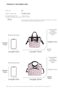 Size chart showing large and small bow handbags with iPhone dimensions comparison