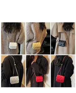 Collage showing various colors of quilted mini crossbody bags with chain straps